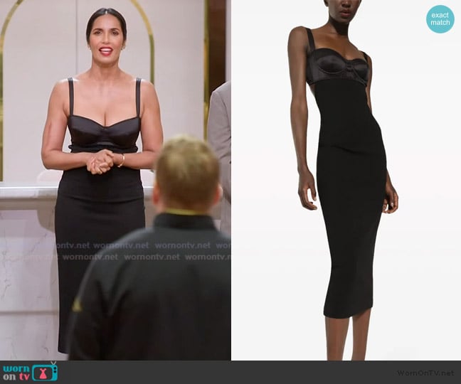 Dolce & Gabbana bustier-style sleeveless midi dress worn by Padma Lakshmi on Americas Culinary Cup