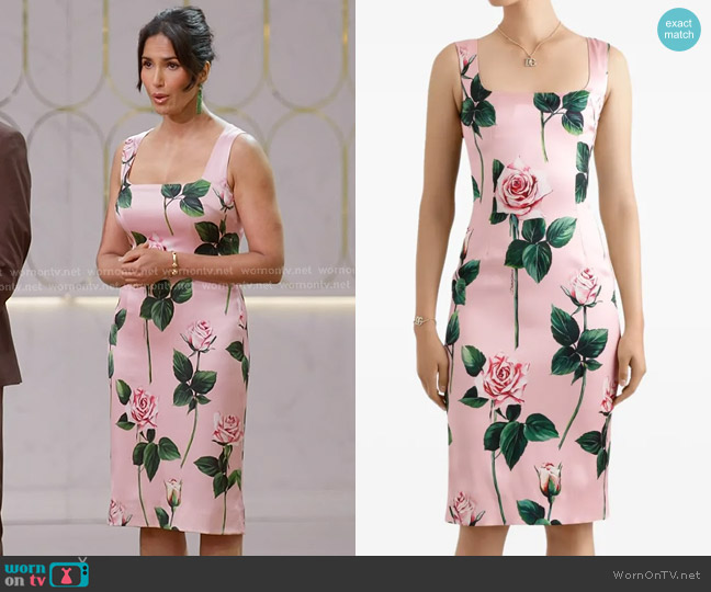 Dolce & Gabbana Rose Print Satin Sheath Dress in Pink worn by Padma Lakshmi on Americas Culinary Cup