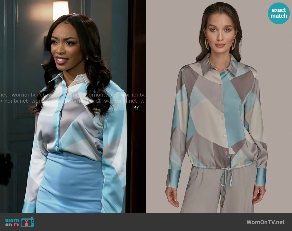 Donna Karan Long Sleeved Printed Drawstring Blouse in Mist Green Multi worn by Madison Montgomery (Kenjah) on Beyond the Gates