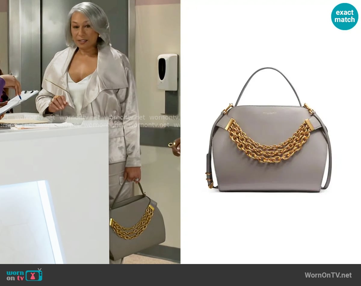 Donna Karan Plandome Chain Top Handle Leather Satchel in Cloud worn by Anita Dupree (Tamara Tunie) on Beyond the Gates