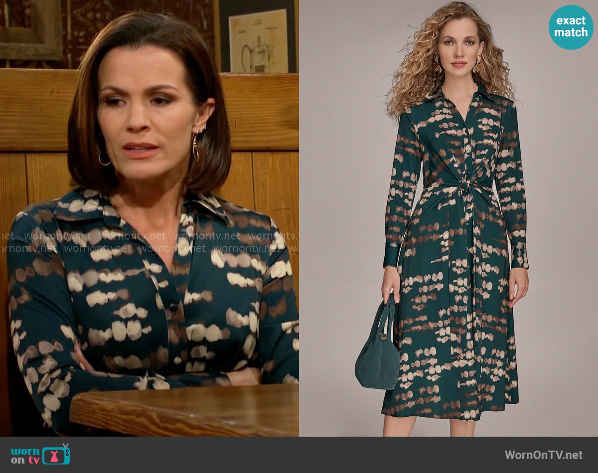 Donna Karan Printed Satin Twist Midi Shirt Dress in Hudson / Gold worn by Chelsea Lawson (Melissa Claire Egan) on The Young and the Restless