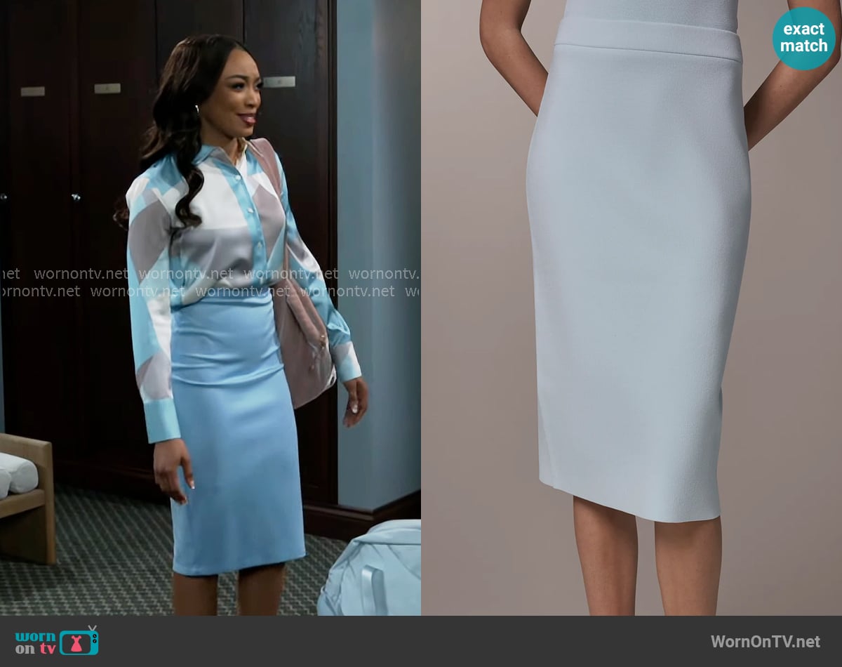 Donna Karan Sweater Pencil Skirt in Skylight worn by Madison Montgomery (Kenjah) on Beyond the Gates
