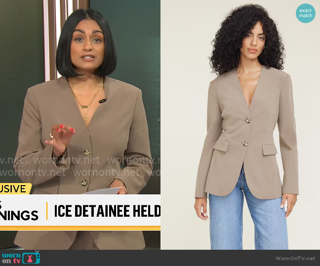 Dynamite Cinched Collarless Blazer in Brown Melange worn by Shanelle Kaul on CBS Mornings