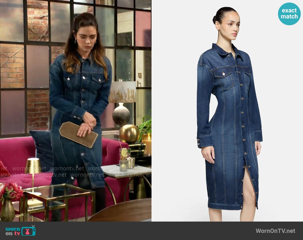 EB Denim Prima Midi Dress Romeo worn by Victoria Newman (Amelia Heinle) on The Young and the Restless