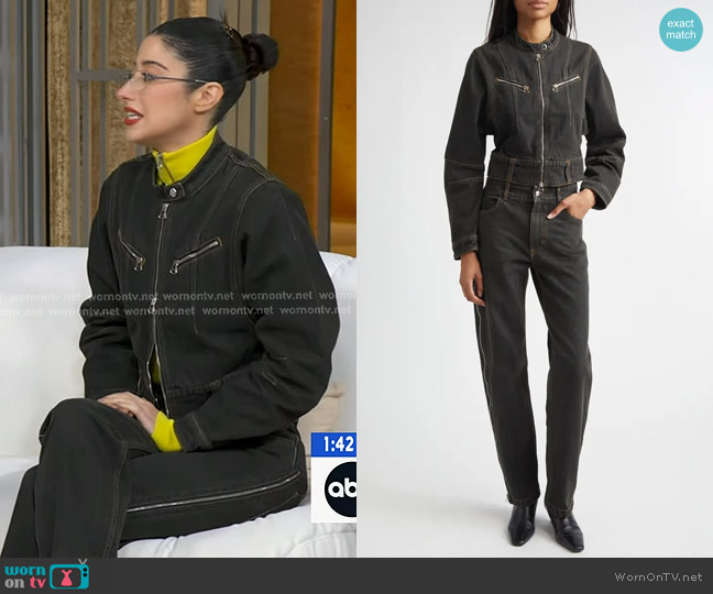 Eckhaus Latta Signal Denim Zip Jacket in Seagrass worn by Taylor Ortega on Good Morning America
