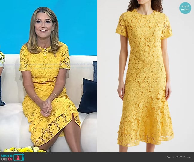 Elie Tahari The Marci Lace Dress in Golden Hour worn by Savannah Guthrie on Today