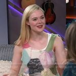 Elle Fanning’s patchwork knit vest and printed skirt on The Kelly Clarkson Show