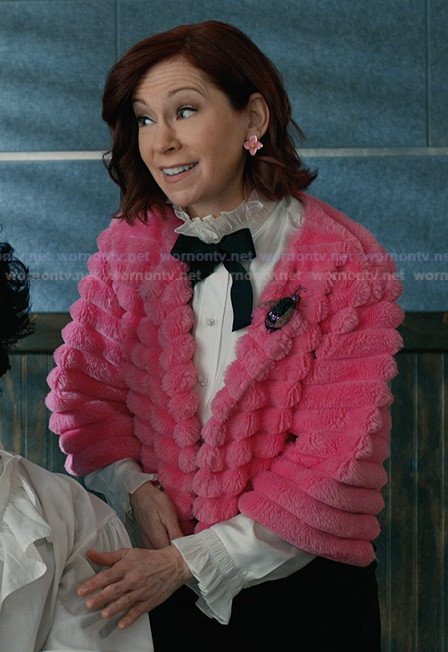 Elsbeth’s pink ribbed fur jacket on Elsbeth