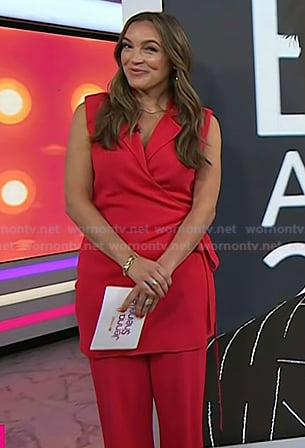 Emily Orozco’s red sleeveless wrap top and pants on Today