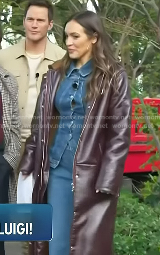 Emily’s denim shirt jacket and burgundy coat on Access Hollywood