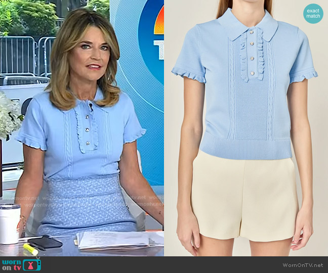 English Factory Ruffle Trim Collared Knit Top in Powder Blue worn by Savannah Guthrie on Today