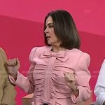 Erica Taylor’s pink gathered bow top and black tweed skirt on Today