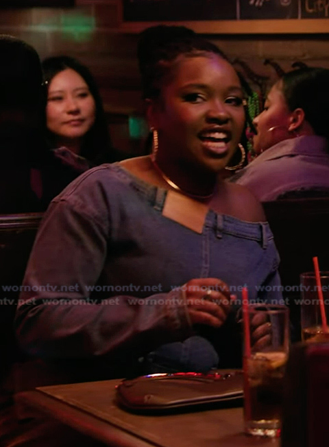 Erika’s denim off shoulder top on Abbott Elementary