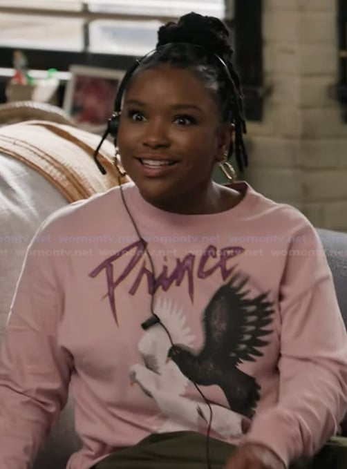 Erika’s pink prince graphic sweatshirt on Abbott Elementary