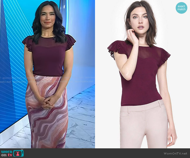 Express Sheer Yoke Ruffle Sleeve Top in Plum worn by Emilie Ikeda on Today