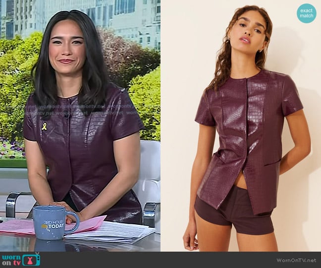 Extro & Vert Leah Vegan-Leather Crocodile Top in Wine worn by Emilie Ikeda on Today