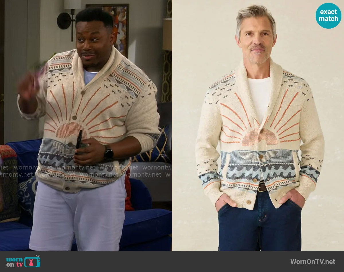 Faherty Cardigan Sweater in Sand Island worn by Marty (Marcel Spears) on The Neighborhood