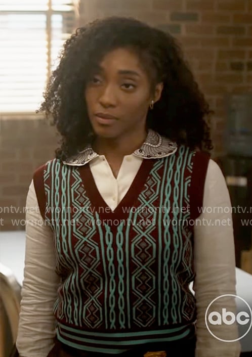 Faith’s blue and burgundy sweater vest with embroidered shirt on Will Trent