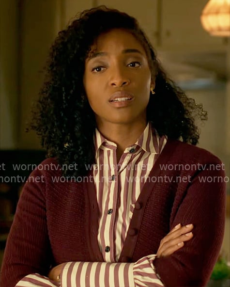 Faith’s burgundy cardigan and striped shirt on Will Trent