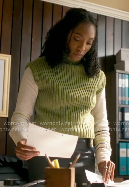 Faith’s white shirt and green sweater vest on Will Trent