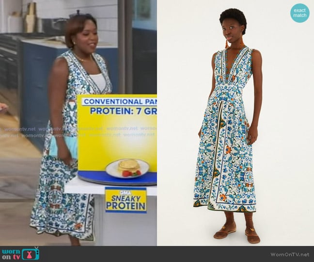 Farm Rio Flora Tile Scallop Euroflax™ Premium Linen Maxi Dress worn by Maya Feller on Good Morning America