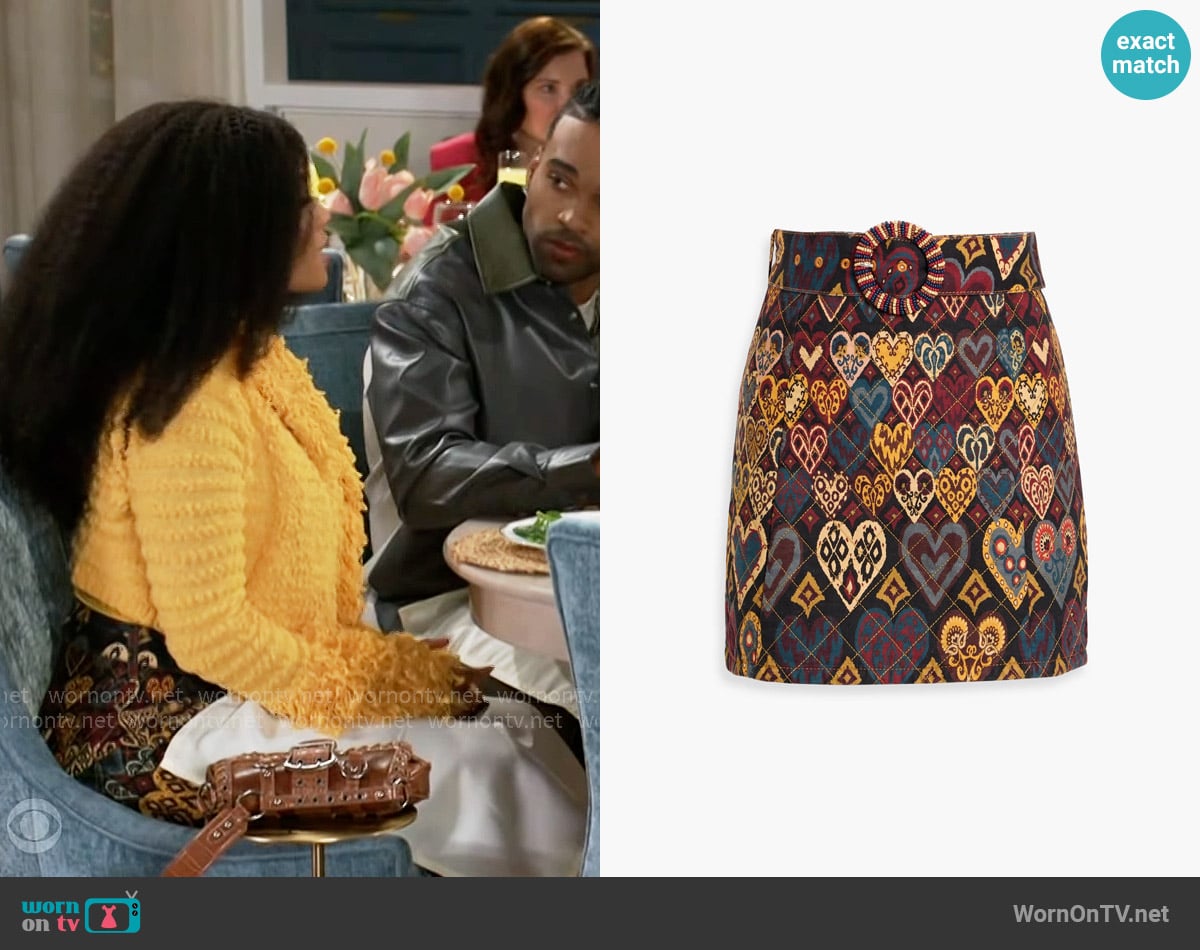 FARM Rio Printed quilted cotton-twill mini skirt worn by Eva Thomas (Ambyr Michelle) on Beyond the Gates