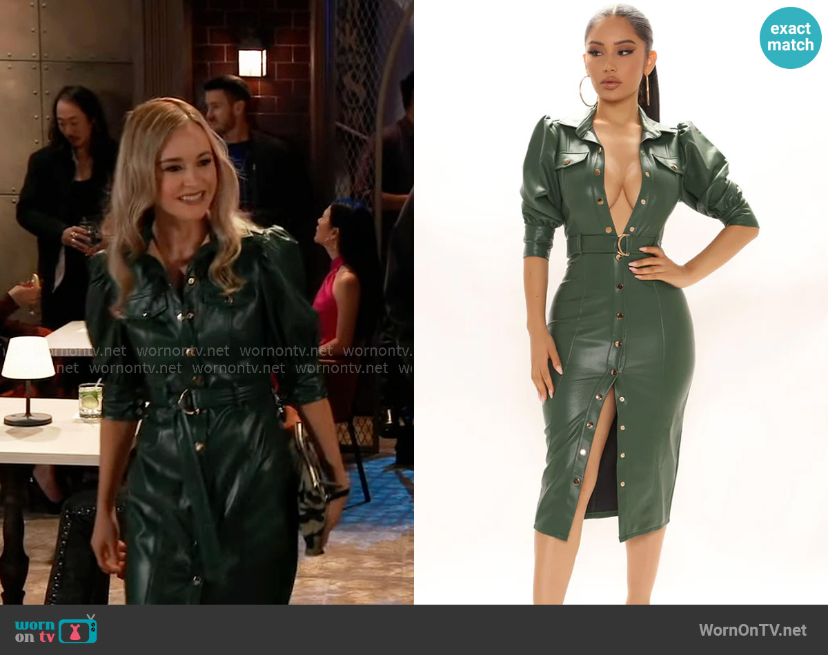 Fashion Nova All For Looks Faux Leather Midi Dress in Hunter worn by Jacinda Bracken (Paige Herschell) on General Hospital