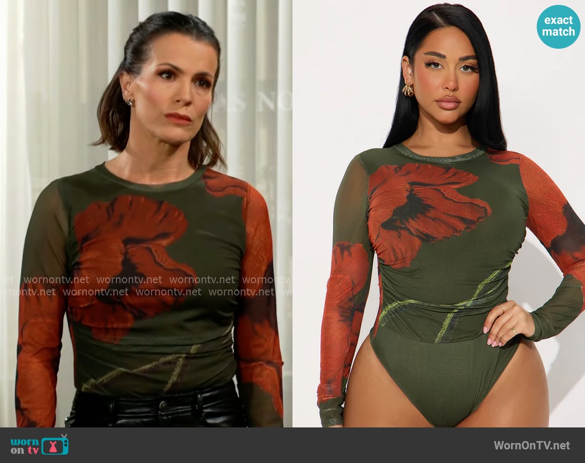 Fashion Nova Doreen Floral Long Sleeve Mesh Bodysuit worn by Chelsea Lawson (Melissa Claire Egan) on The Young and the Restless