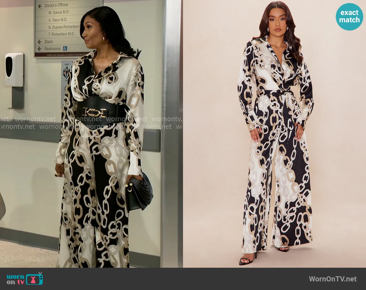 Fashion Nova Tahlia Collared Satin Jumpsuit worn by Dana 'Leslie' Thomas (Trisha Mann-Grant) on Beyond the Gates