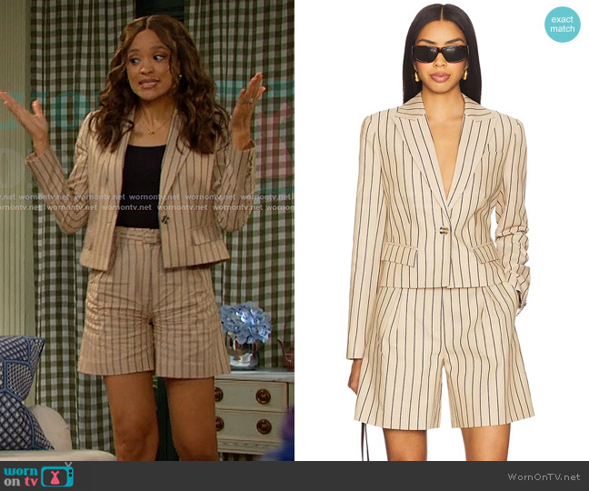 Favorite Daughter The Miranda Blazer in Beige & Navy Stripe worn by Lani Price (Sal Stowers) on Days of our Lives