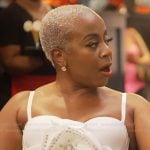 Pinky’s floral embellished ruffle top on The Real Housewives of Atlanta