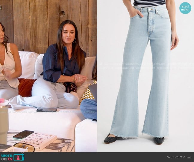 Frame The Lax Frayed High Waist Flare Jeans in Wisp Raw Fray worn by Kyle Richards on The Real Housewives of Beverly Hills