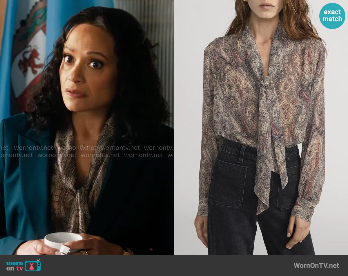 Frame The Paisley Tie Neck Silk Shirt worn by Selena (Judy Reyes) on High Potential