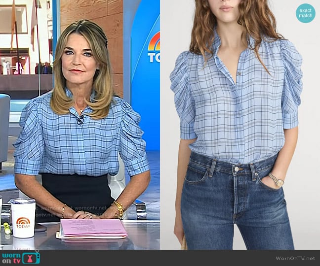 Frame The Plaid Gillian Top in Sky Blue Multi worn by Savannah Guthrie on Today