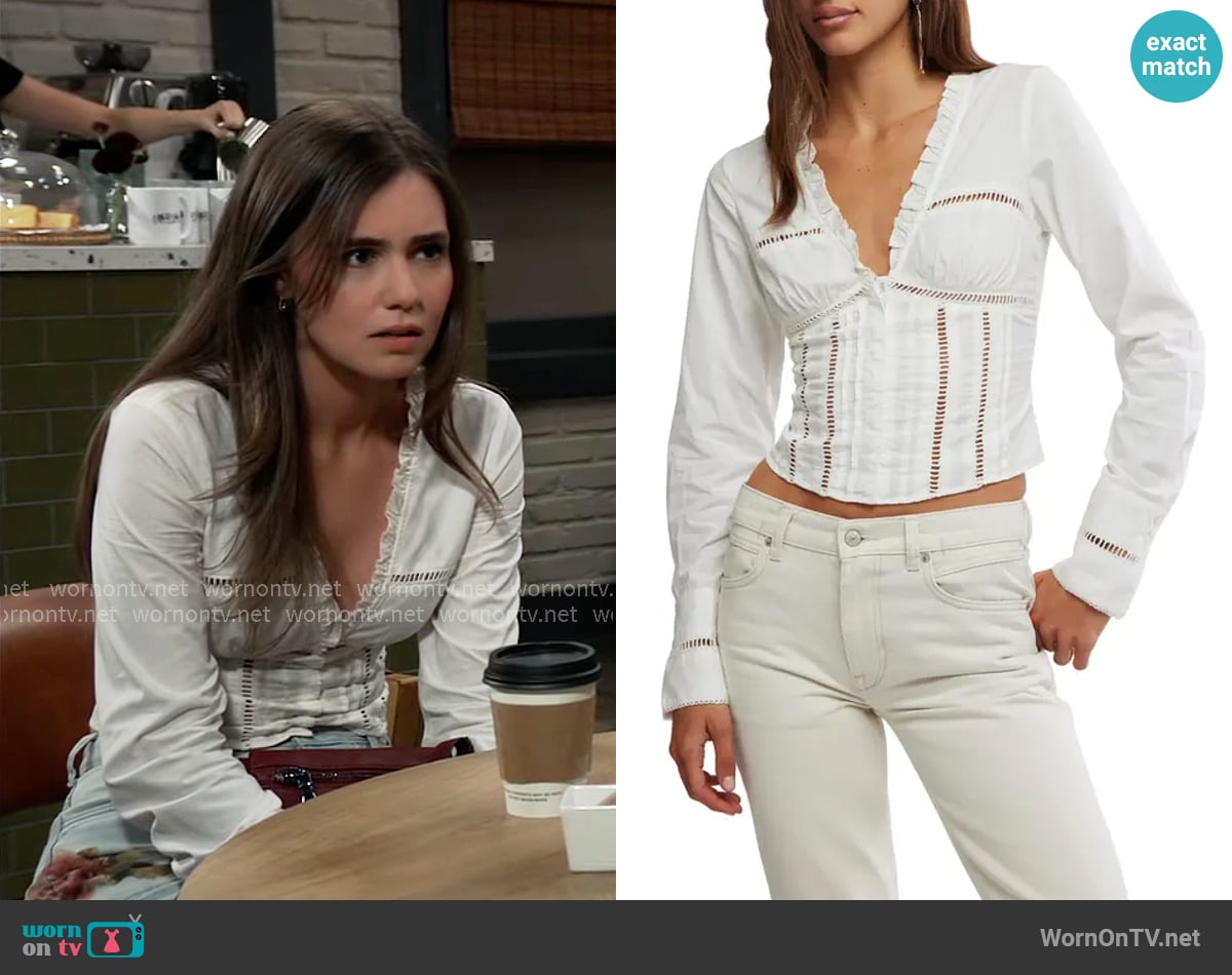 Free People Frankie Corset Top in Clean Ivory worn by Emma Scorpio-Drake (Braedyn Bruner) on General Hospital