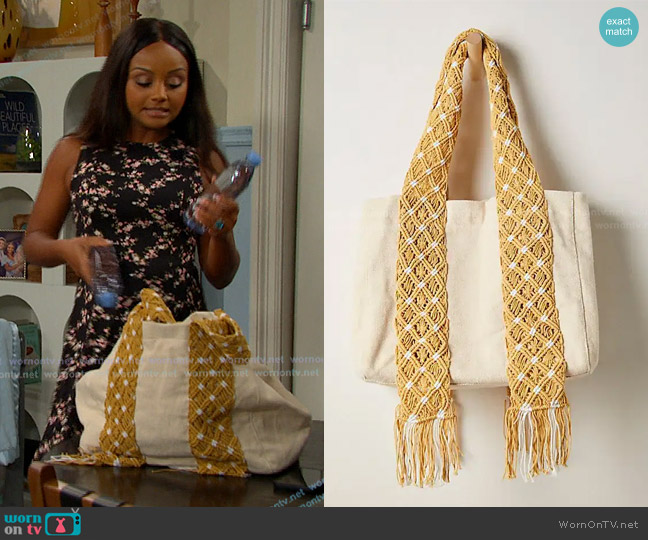 Free People Mia Macrame Strap Tote worn by Chanel Dupree (Raven Bowens) on Days of our Lives