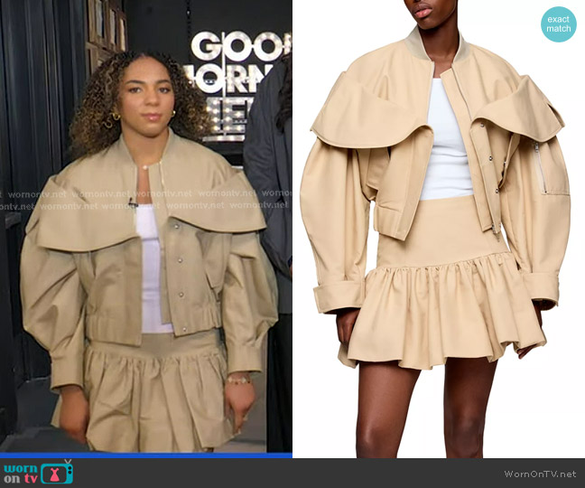 Ganni Bomber Jacket in Warm Sand worn by Kiki Rice on Good Morning America