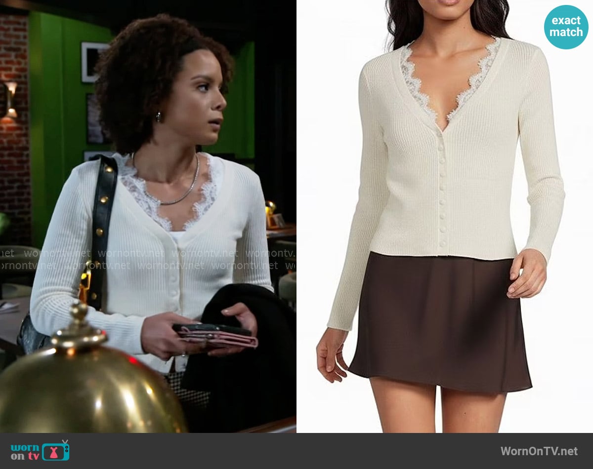 Gianni Bini Lace Detail V-Neck Long Sleeve Sweater Cardigan worn by Deanna McBride (Angela Fairley) on Beyond the Gates