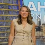 Ginger’s beige tie waist vest on Good Morning America