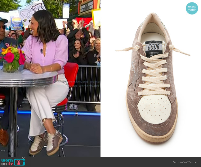 Golden Goose Ball Star Glittered Leather-Trimmed Mesh Sneakers worn by Laura Jarrett on Today