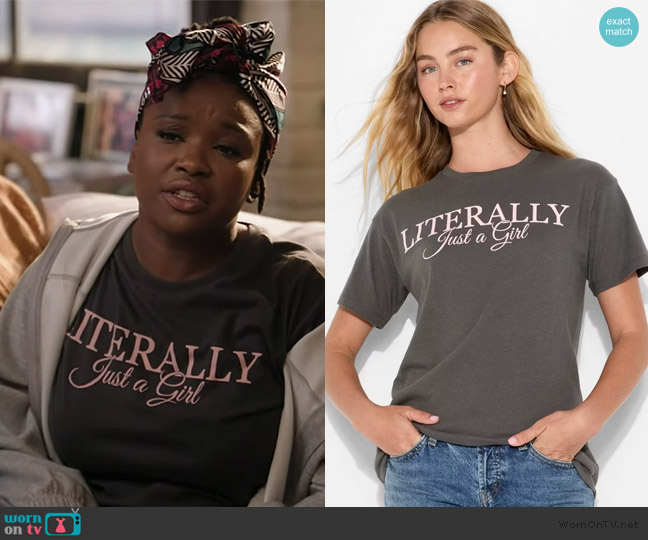 Grayson Threads Literally Just a Girl Short Sleeve Graphic T-Shirt worn by Courtney Taylor (Erika) on Abbott Elementary