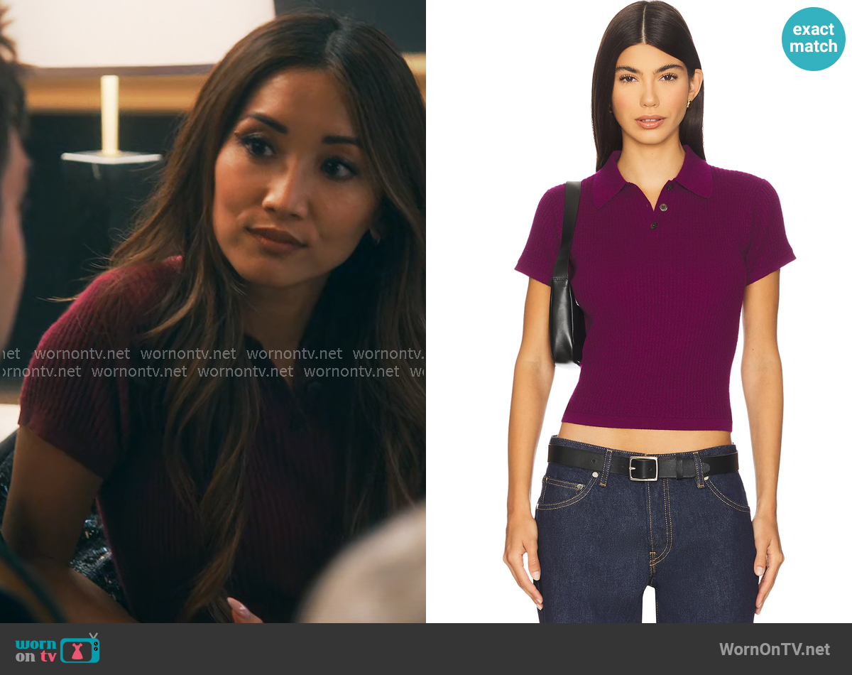Guest in Residence Shrunken Cashmere Polo Top in Aubergine worn by Ali Lee (Brenda Song) on Running Point
