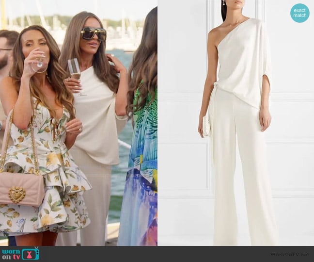 Halston Heritage One Shoulder Crepe Jumpsuit worn by Liz McGraw on The Real Housewives of Rhode Island