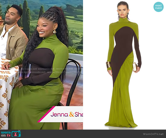 Helsa The Abstraction Color Blocked Jersey Dress in Pistachio & Coffee Bean worn by Halle Bailey on Today