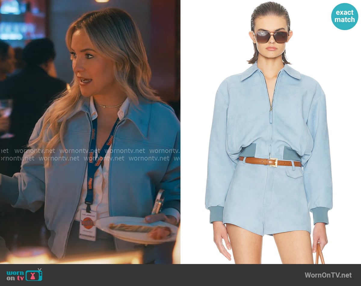 Helsa The Suede Zip Bomber in Faded Denim worn by Isla Gordon (Kate Hudson) on Running Point
