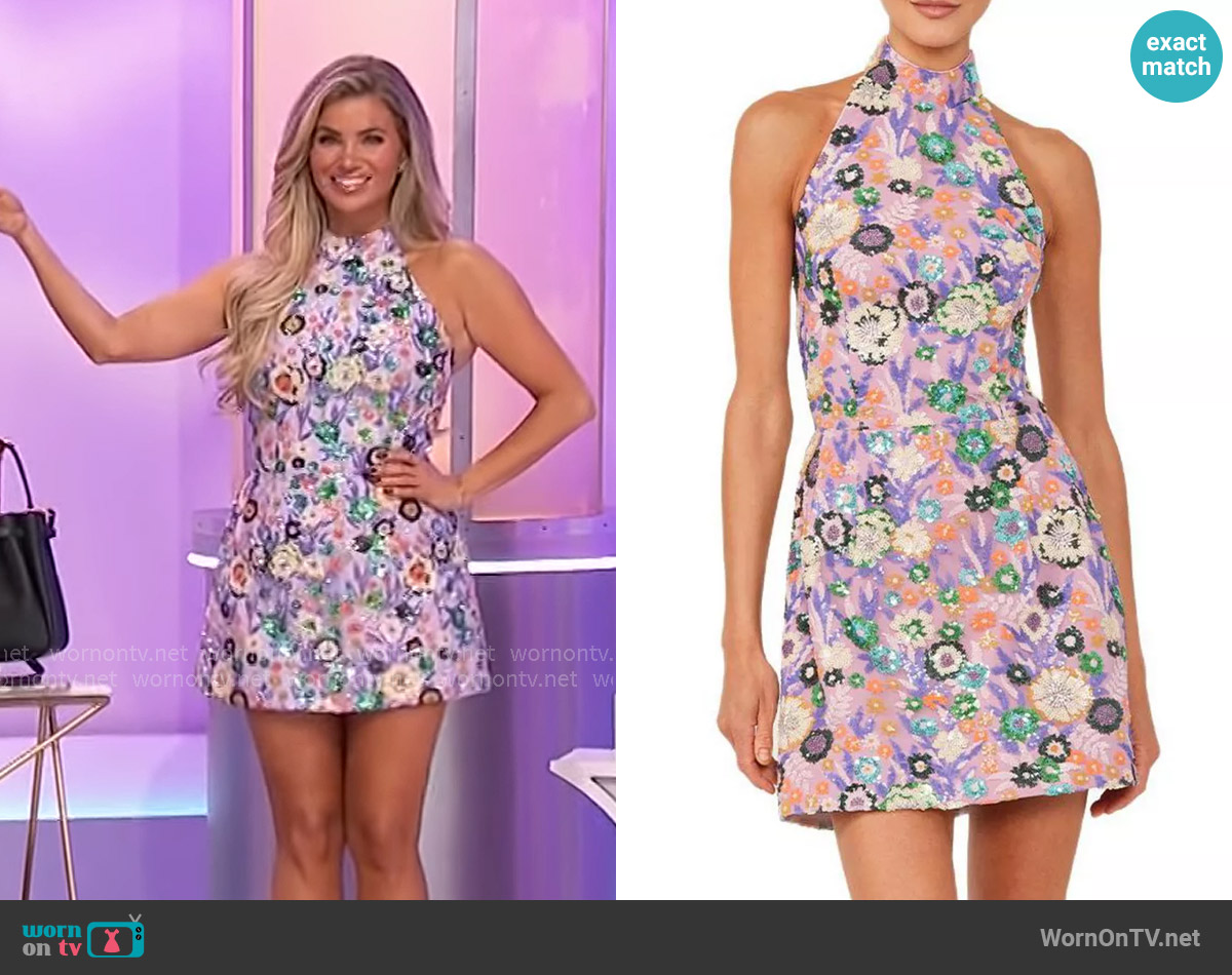 Helsi Sarah Halter Floral Sequin Mini Dress worn by Amber Lancaster on The Price is Right