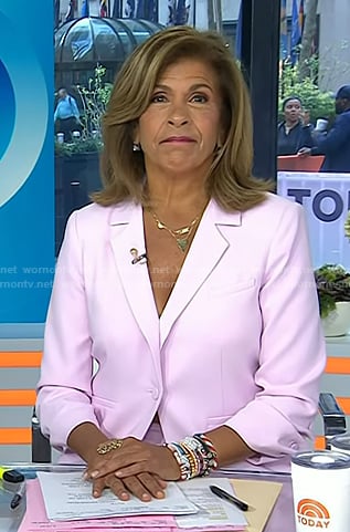 Hoda’s pink ruched sleeve blazer and pants on Today