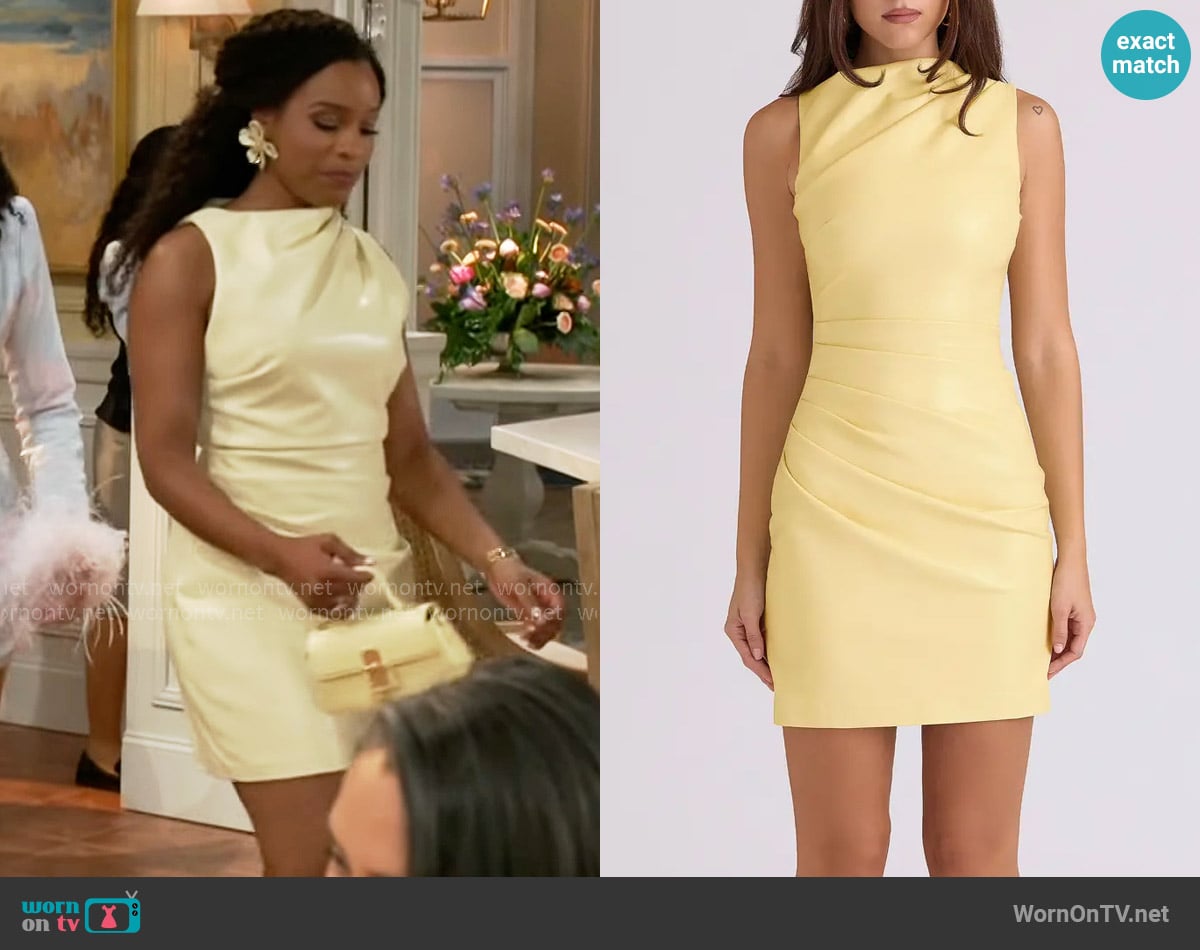 House of CB Maya Faux Leather Dress in Butter Yellow worn by Naomi Hamilton Hawthorne (Arielle Prepetit) on Beyond the Gates