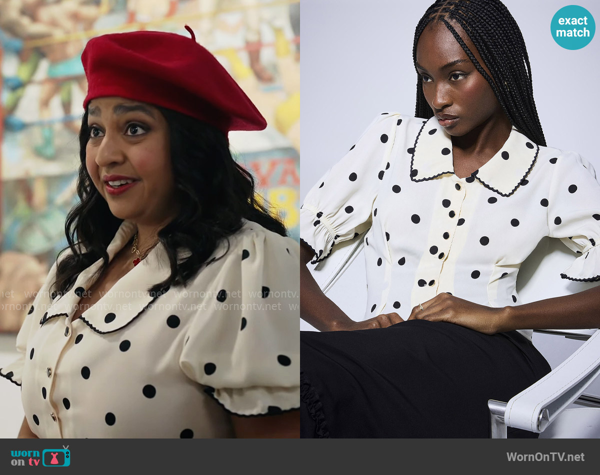 Icone Scalloped-trim puff-sleeve blouse in Polka Dot worn by Bela (Punam Patel) on Ghosts