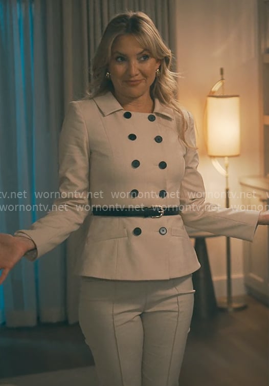 Isla’s cream double breasted jacket with belt on Running Point